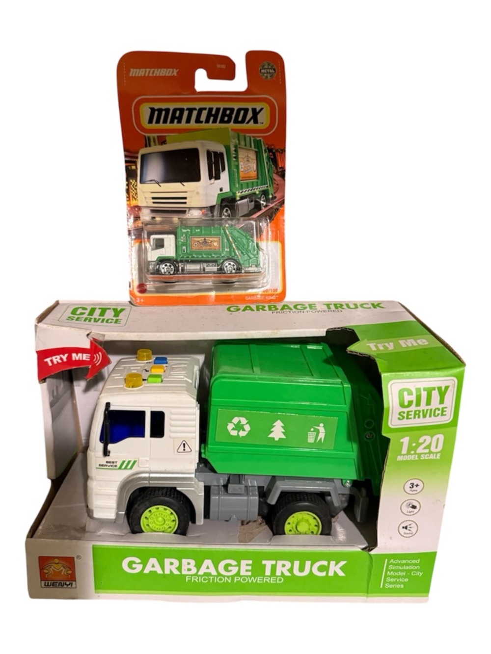 Green and White Garbage Truck Toy Lot -Sounds & Lights